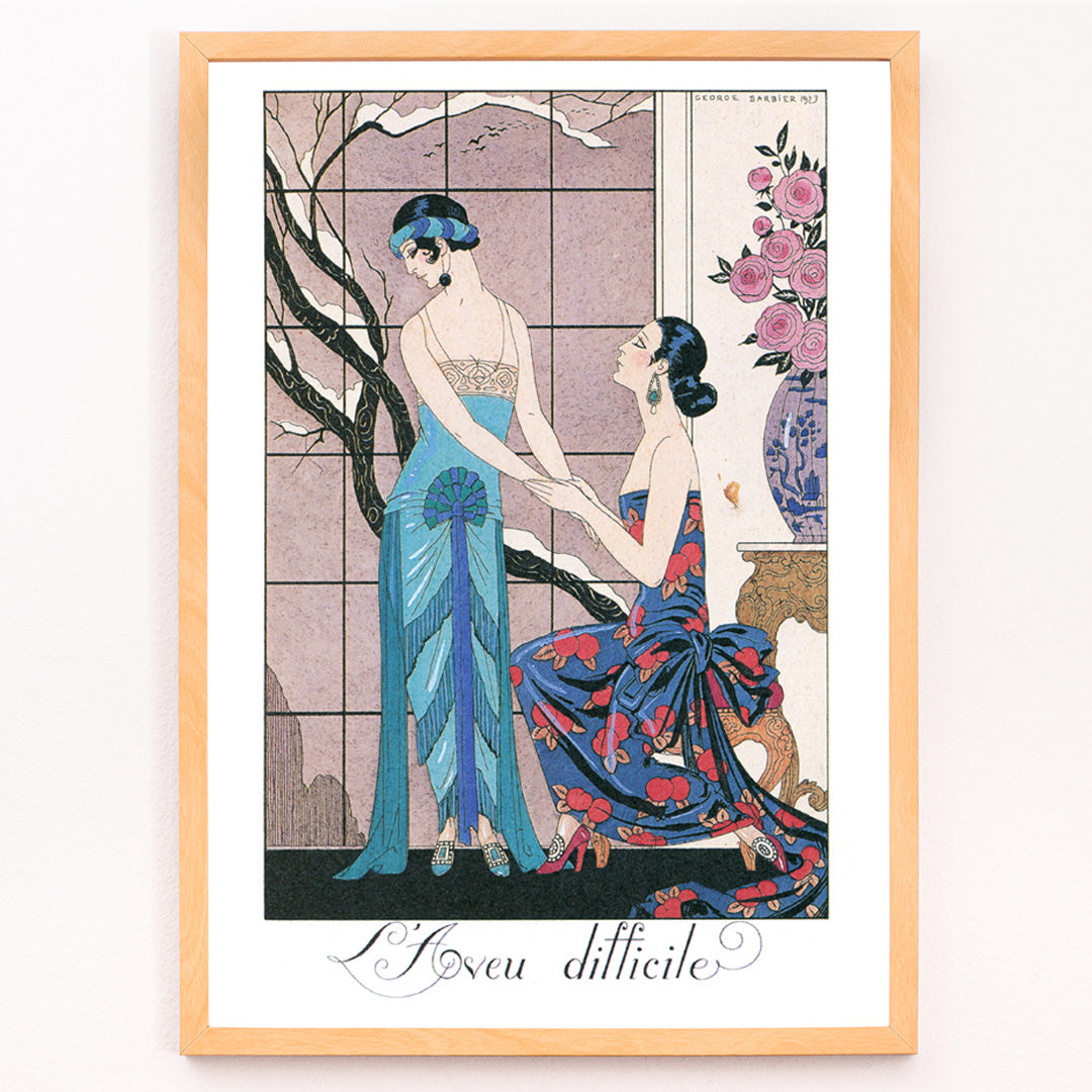 Closeup detail of Art deco poster Laveu Difficile by George Barbier featuring two elegant women in colorful dresses in an interior setting