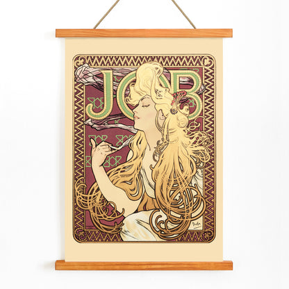 Art Nouveau poster of elegant woman with flowing hair holding a cigarette and decorative patterns by Alphonse Mucha, with wooden magnetic frame on white background
