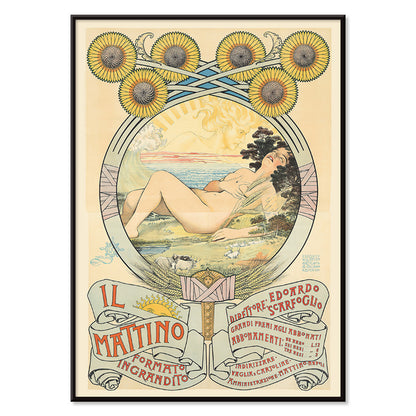Art Nouveau poster of a reclining woman with sunflowers and pastoral landscape by Giovanni Mataloni II Mattino perfect for art lovers, with black aluminium frame on white background