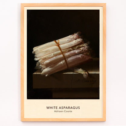Closeup detail of Still life painting of white asparagus on a table by Adriaen Coorte poster artwork
