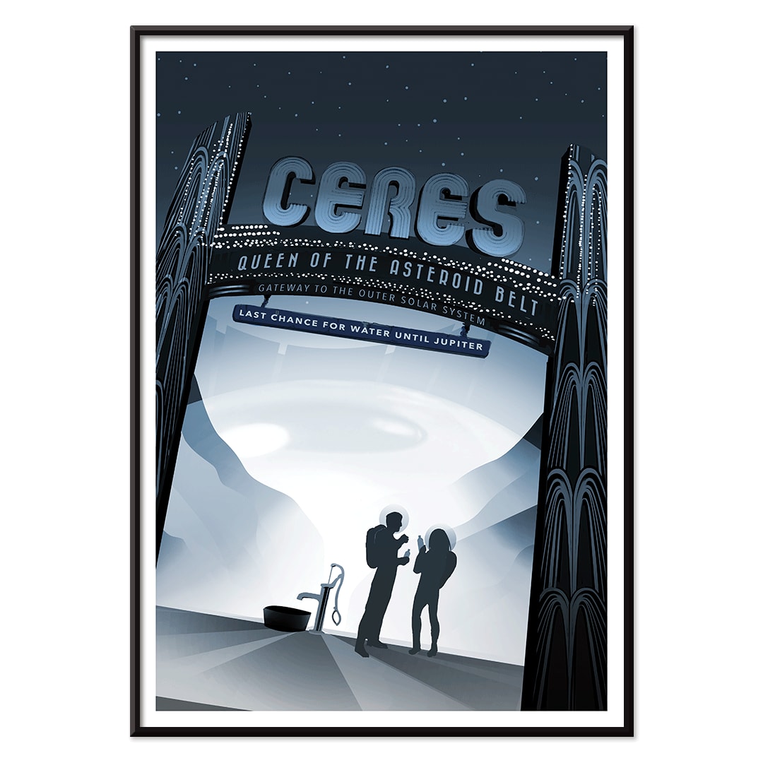 Space travel art illustration of Ceres Queen of the Asteroid Belt by NASA featuring two people at a water pump under a starry sky, with black aluminium frame on white background