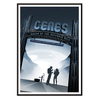 Space travel art illustration of Ceres Queen of the Asteroid Belt by NASA featuring two people at a water pump under a starry sky, with black aluminium frame on white background