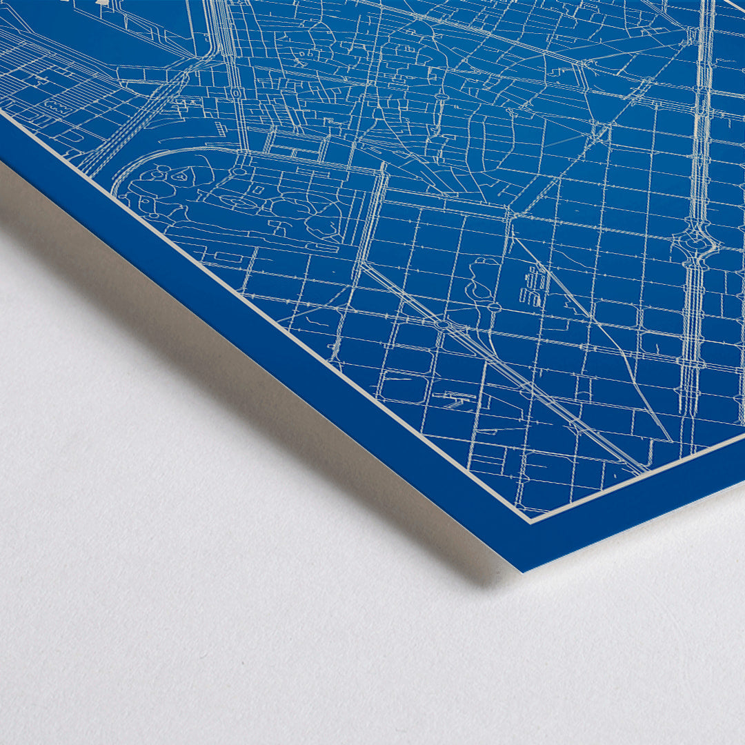 Closeup detail of Minimalist blue and white map of Barcelona by Moryarty featuring iconic landmarks street layout and skyline poster titled Minimalist Map of Barcelona 2