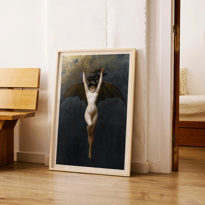 The Bat-Woman by Albert Joseph Penot artwork showing a woman with bat wings against a cloudy dark sky, framed and displayed in home decor