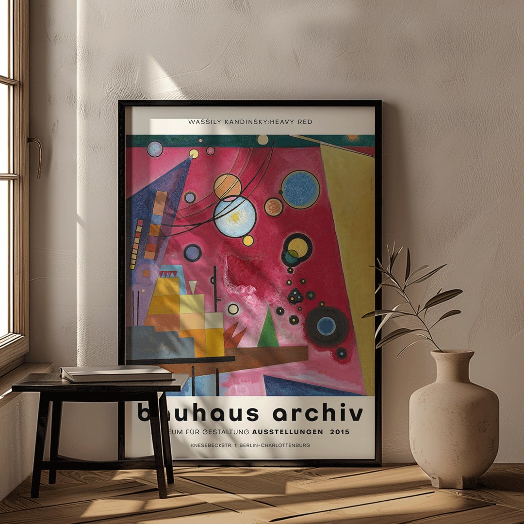 Heavy Red by Wassily Kandinsky abstract geometric painting and poster with shapes and colors at Bauhaus Archiv Museum, framed and displayed in home decor