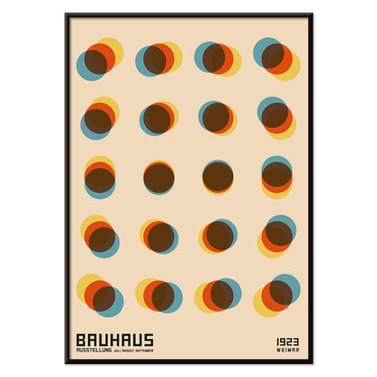 Bauhaus Poster 9 Inspired by the Weimar Exhibition with overlapping colorful circles in a geometric pattern on a beige background, with black aluminium frame on white background