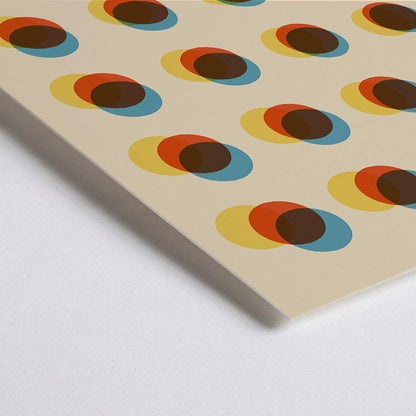 Closeup detail of Bauhaus Poster 7 inspired by the 1923 Weimar Exhibition featuring colorful geometric overlapping circles in blue red yellow and brown tones