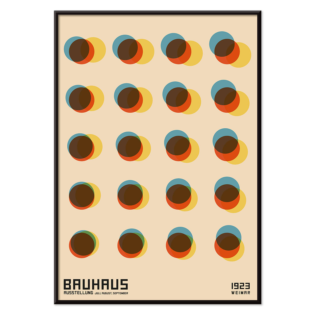 Bauhaus Poster 7 inspired by the 1923 Weimar Exhibition featuring colorful geometric overlapping circles in blue red yellow and brown tones, with black aluminium frame on white background