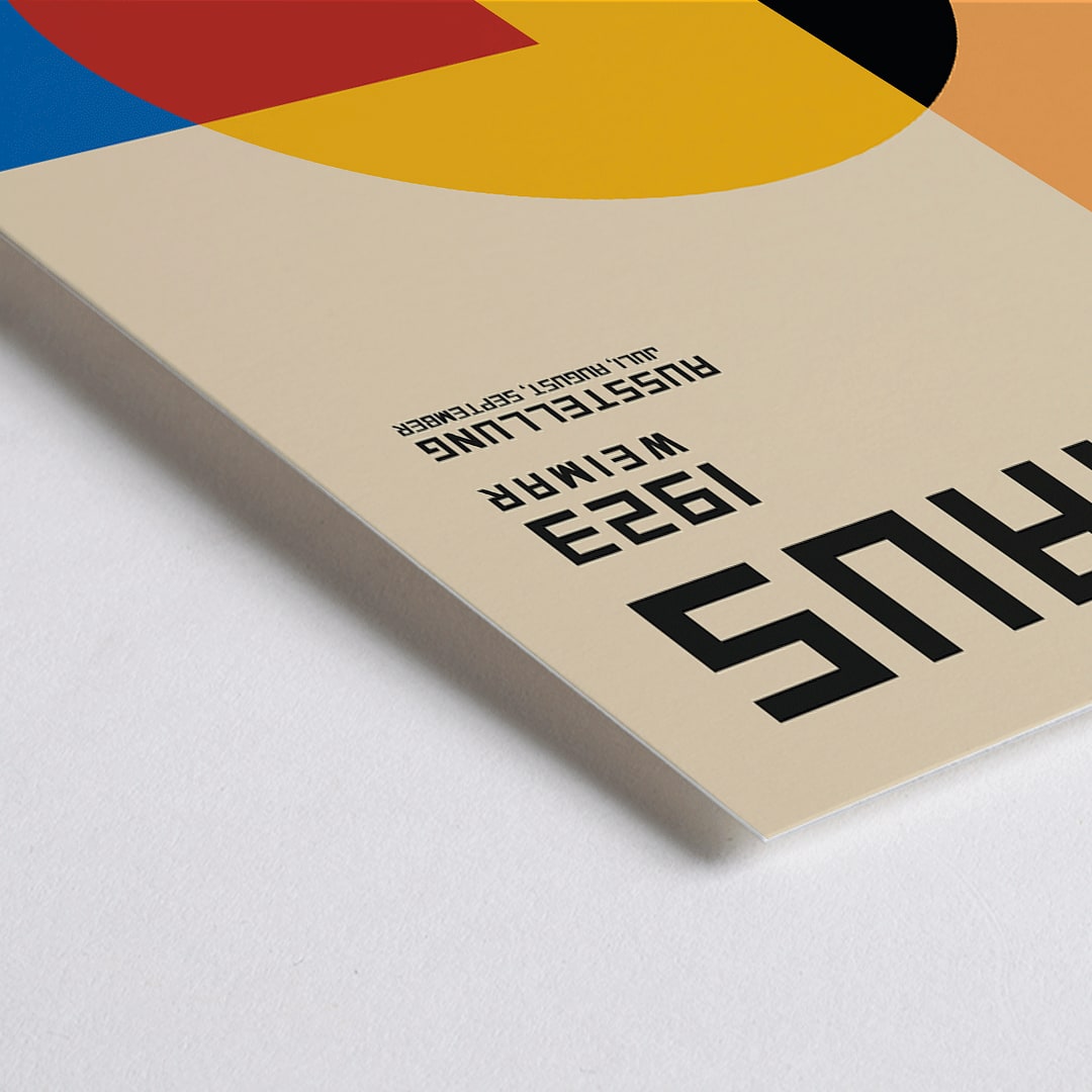 Closeup detail of Bauhaus Poster 1 inspired by the Weimar Exhibition featuring geometric shapes in warm bold colors and modernist design style