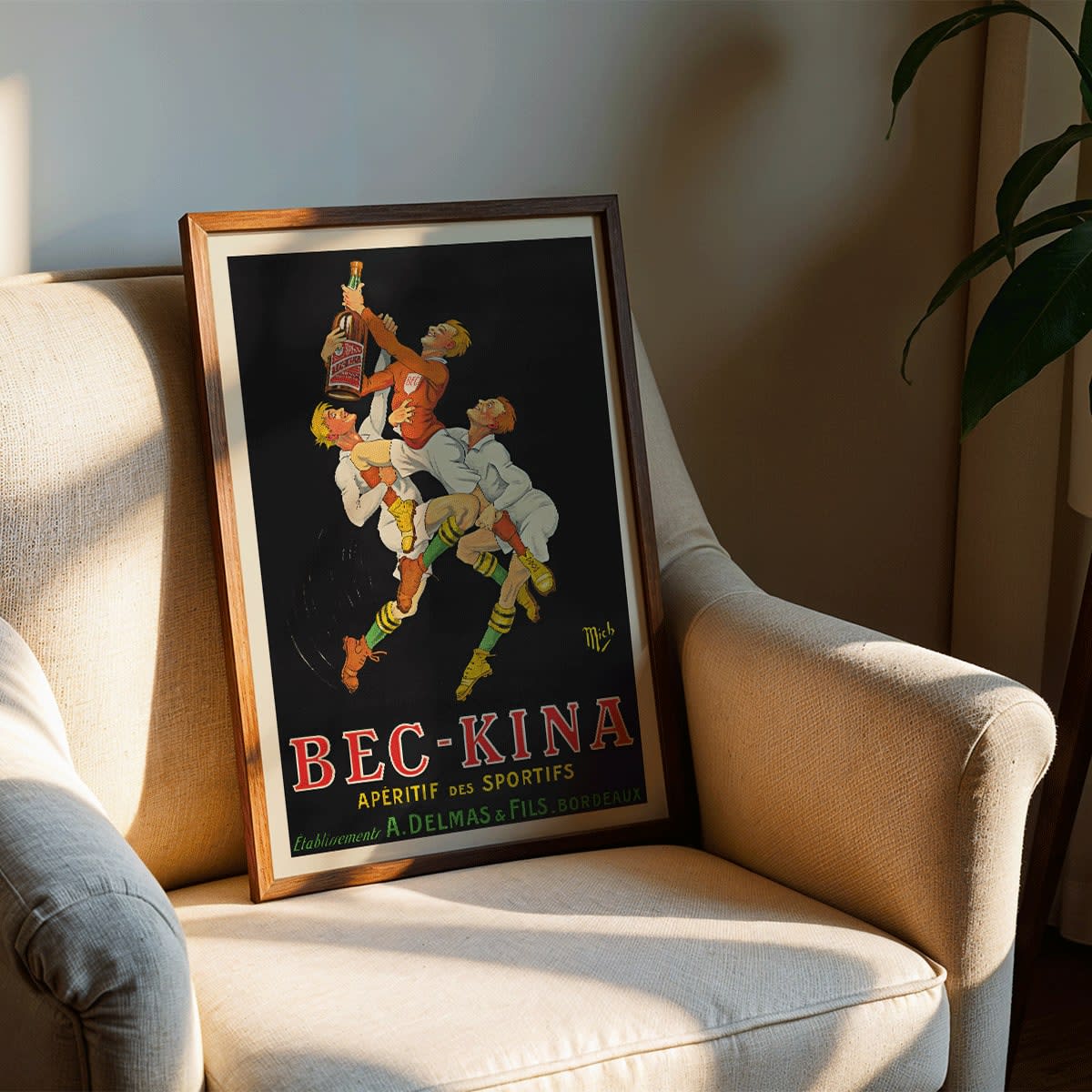 Bec-Kina poster by Michel Liebeaux showing athletes reaching for a bottle in vibrant dynamic sports-themed artwork, framed and displayed in modern living room decor