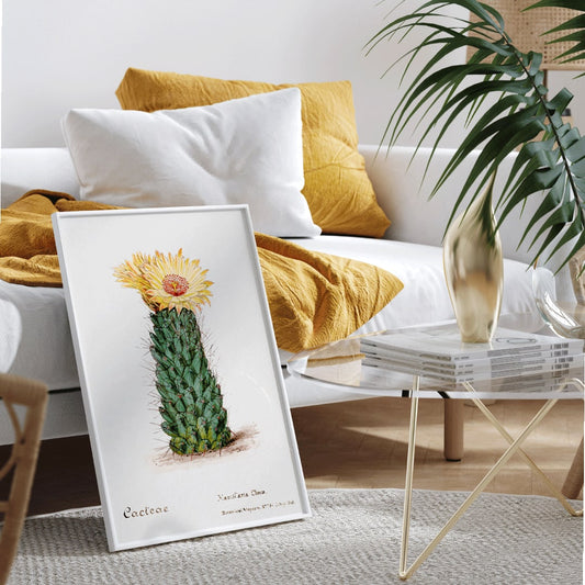 Beehive cactus illustration and poster blooming cactus from Familie Der Cacteen, framed and displayed in home decor