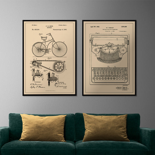 Bicycle technical illustration and mechanical parts drawing by C D Rice from Bicycle patent displayed on vintage background, framed and displayed in home decor