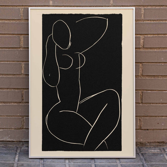 Henri Matisse Seated Nude with Crossed Legs I poster minimalist black and white nude line drawing on dark background, framed and displayed in home decor