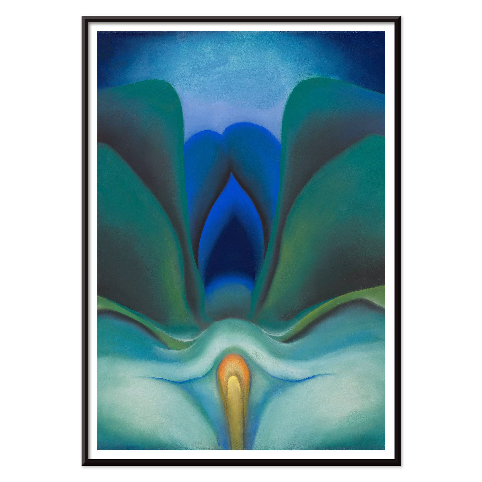 Georgia OKeeffe Blue Flower poster luminous blue and green abstract bloom with soft yellow center, with black aluminium frame on white background