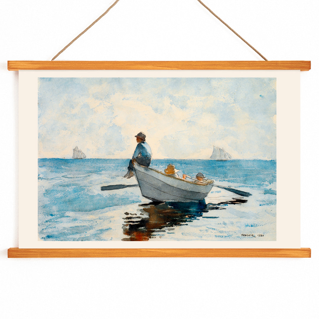 Boys in a Dory by Winslow Homer three boys relaxing in a rowboat on calm blue ocean with distant sailboats, with wooden magnetic frame on white background