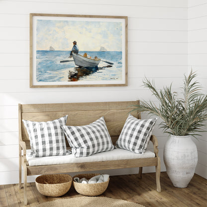 Boys in a Dory by Winslow Homer three boys relaxing in a rowboat on calm blue ocean with distant sailboats, framed and displayed in home decor