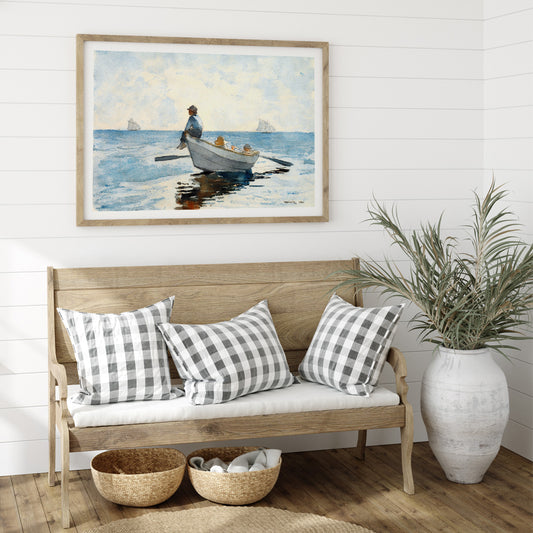 Boys in a Dory by Winslow Homer three boys relaxing in a rowboat on calm blue ocean with distant sailboats, framed and displayed in home decor