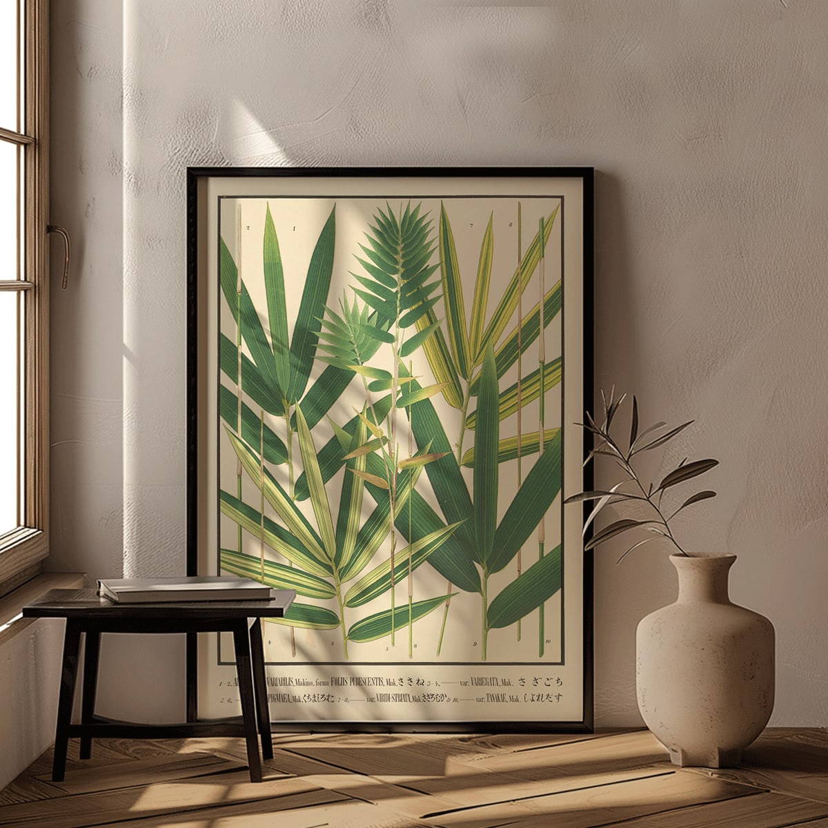 Botanical illustration and poster of Japanese bamboo species with green leaves by Yasuyoshi Shirasawa from Icones of the bamboos of Japan Nihon chikurui zufu Pl.06, framed and displayed in home decor