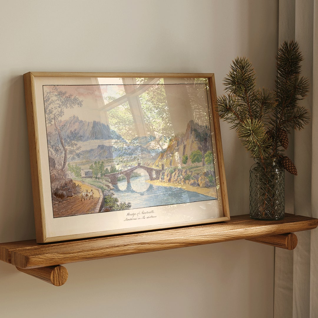 Bridge of Martorelle by Charles Hamilton Smith stone bridge over river with mountains scenic landscape poster, framed and displayed in home decor