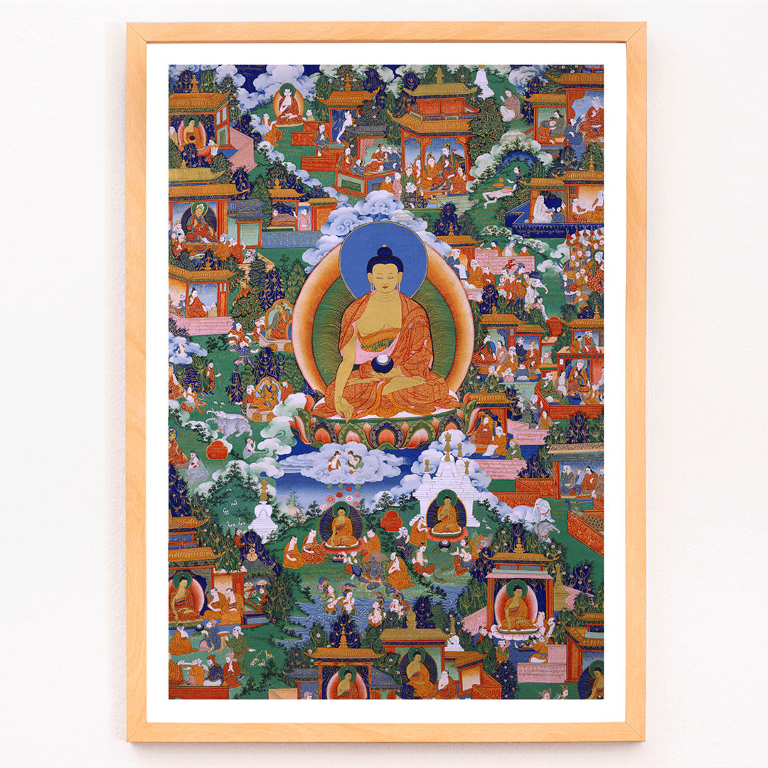 Shakyamuni Buddha in Avadana Legend Scenes painting and poster depicting life events teachings and surrounded by various figures in a vibrant detailed illustration, framed and displayed in modern living room decor