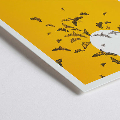 Closeup detail of Ken White artwork Every person with an idea has at least two or three followers featuring butterflies attracted to a light bulb poster