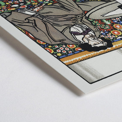 Closeup detail of Poster of a man lounging in an ornate Viennese café setting on a floral bench at a table titled Viennese Café The Man of Letters by Moriz Jung