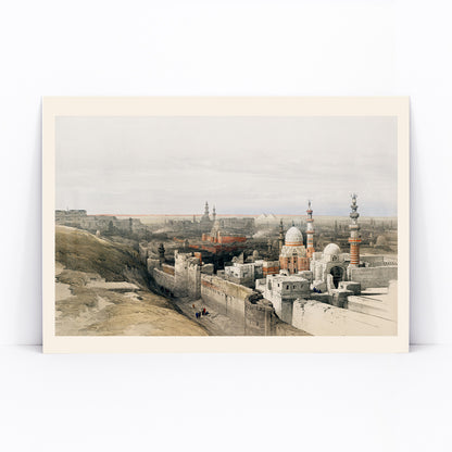 Panoramic cityscape of Cairo with mosques historic architecture and city walls looking west artwork by David Roberts, framed and displayed in modern living room decor
