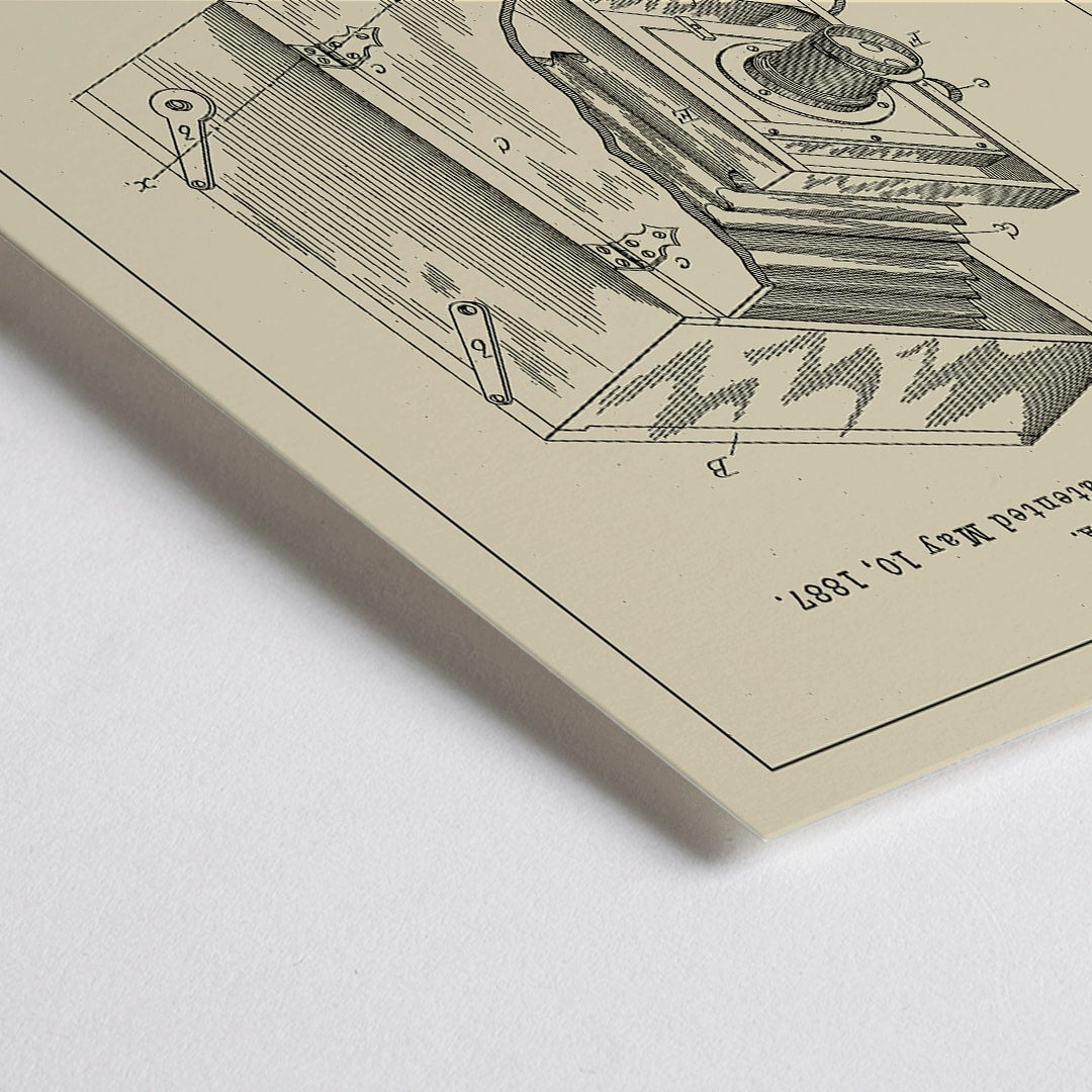 Closeup detail of Vintage photographic camera patent diagram and detailed poster illustration by TH Blair