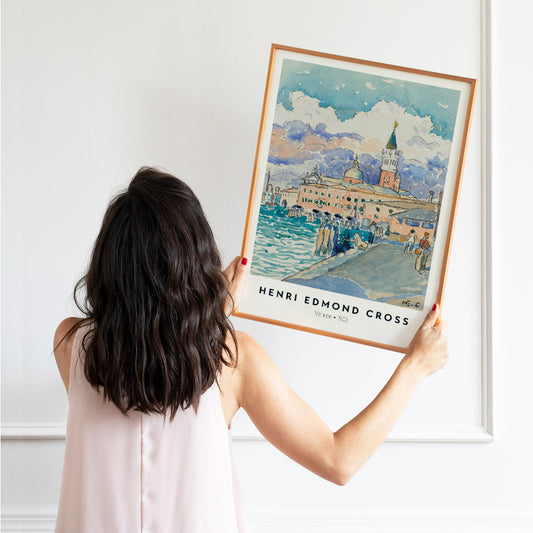 Venice waterfront artwork by Henri Edmond Cross featuring vibrant historic buildings and colorful sky poster, framed and displayed in home decor