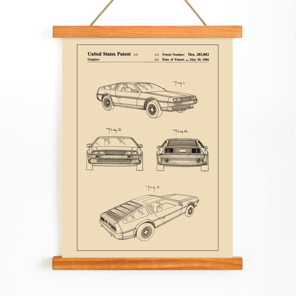 Delorean DMC-12 vintage car patent illustration and technical drawings poster by Giorgetto Giugiaro displayed from multiple angles, with wooden magnetic frame on white background
