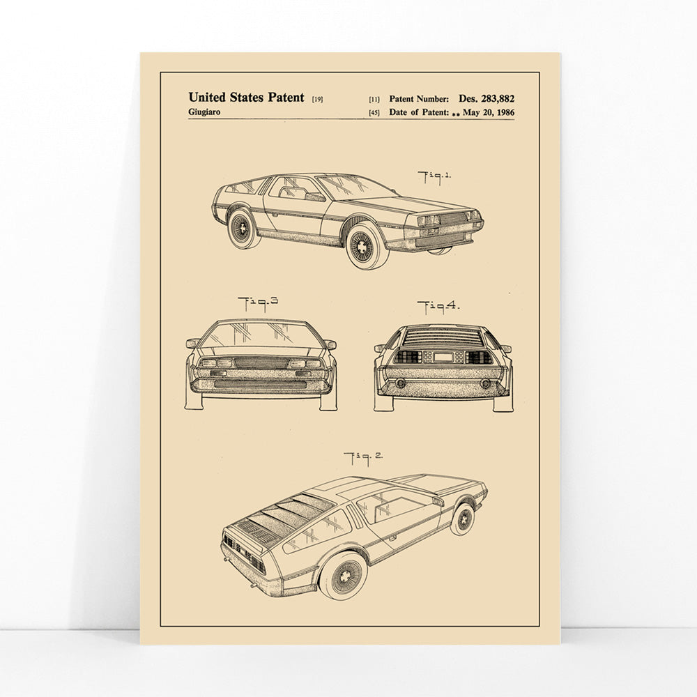 Delorean DMC-12 vintage car patent illustration and technical drawings poster by Giorgetto Giugiaro displayed from multiple angles, framed and displayed in modern living room decor