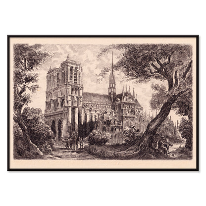 Artistic poster of Notre Dame de Paris cathedral surrounded by trees and people in a scenic landscape, with black aluminium frame on white background