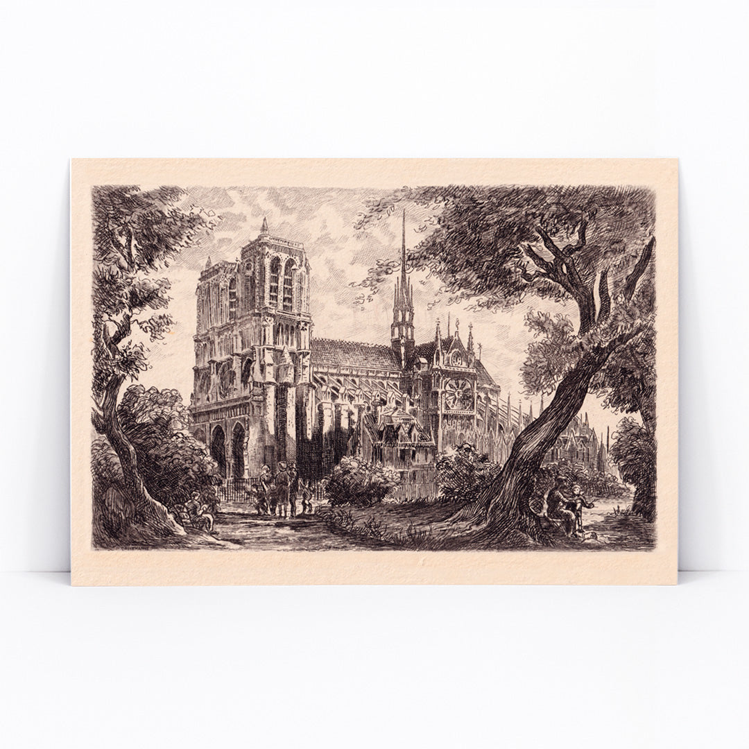 Artistic poster of Notre Dame de Paris cathedral surrounded by trees and people in a scenic landscape, framed and displayed in modern living room decor