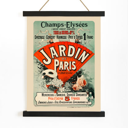 Vintage French poster by Jules Cheret featuring fan flowers bold Jardin De Paris text colorful flowers and masks Champs Elysees artwork, with wooden magnetic frame on white background