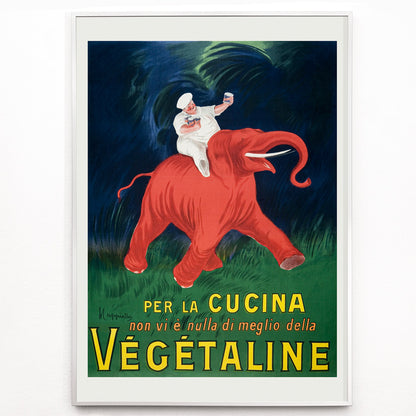 Closeup detail of Vintage poster of chef riding a red elephant with bold Vegetaline text artwork by Leonetto Cappiello vibrant style