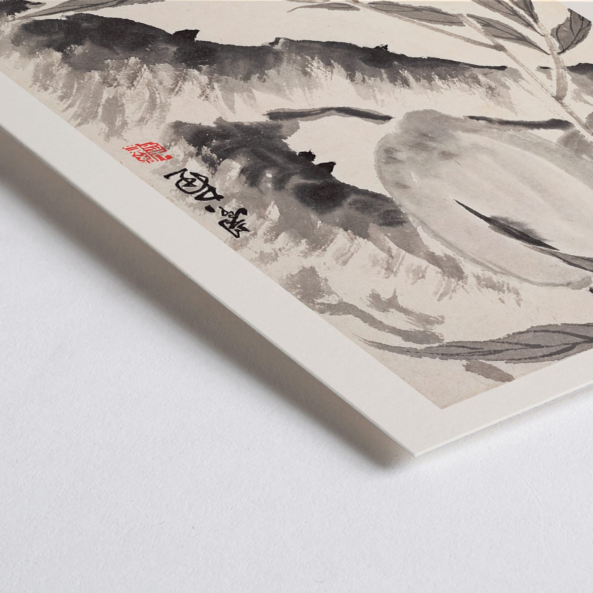 Closeup detail of Chinese ink painting poster of peaches hanging from a branch in black ink wash style artwork by Min Zhen