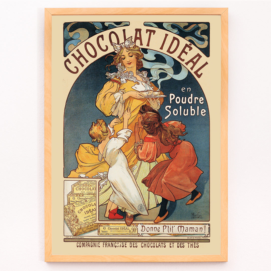 Closeup detail of Vintage Art Nouveau poster Chocolat Ideal by Alphonse Mucha showing a woman serving hot chocolate to joyful children