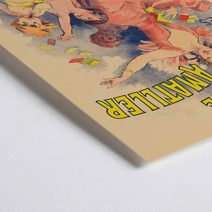 Closeup detail of Anonymous Chocolate Amatller poster with dancing woman and children, bold yellow lettering, warm pastel tones