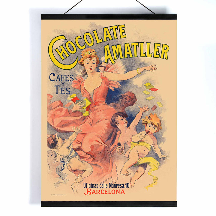 Anonymous Chocolate Amatller poster with dancing woman and children, bold yellow lettering, warm pastel tones, with wooden magnetic frame on white background