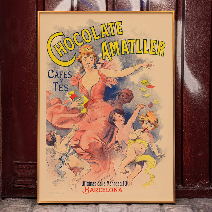 Anonymous Chocolate Amatller poster with dancing woman and children, bold yellow lettering, warm pastel tones, framed and displayed in home decor