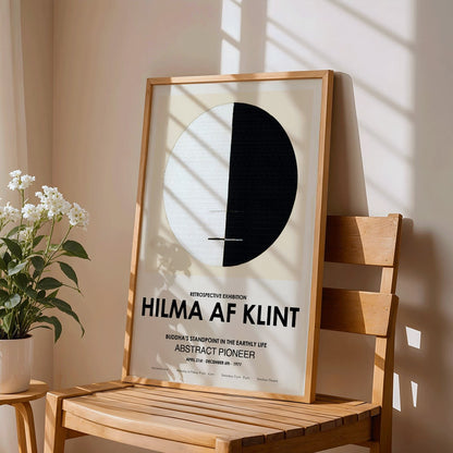 Exhibition poster Buddhas Standpoint in the Earthly Life by Hilma Af Klint featuring abstract black and white circle design artwork, framed and displayed in home decor