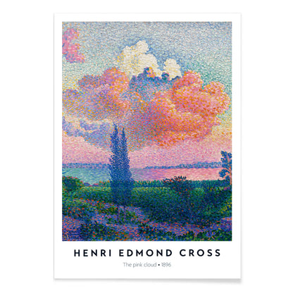 Colorful landscape poster with a vivid pink cloud by Henri Edmond Cross titled The Pink Cloud, with black aluminium frame on white background