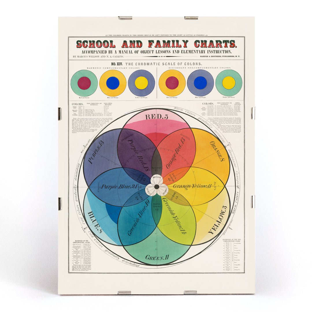 Color wheel and chromatic scale chart by Marcius Willson featuring labeled color sections and titled The Chromatic scale of colors, framed and displayed in modern living room decor