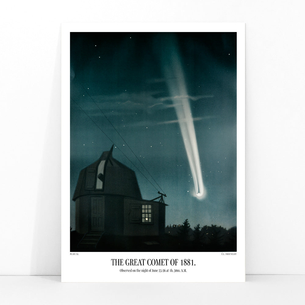 Night sky with bright comet over observatory artwork The Great Comet of 1881 by E L Trouvelot, framed and displayed in modern living room decor