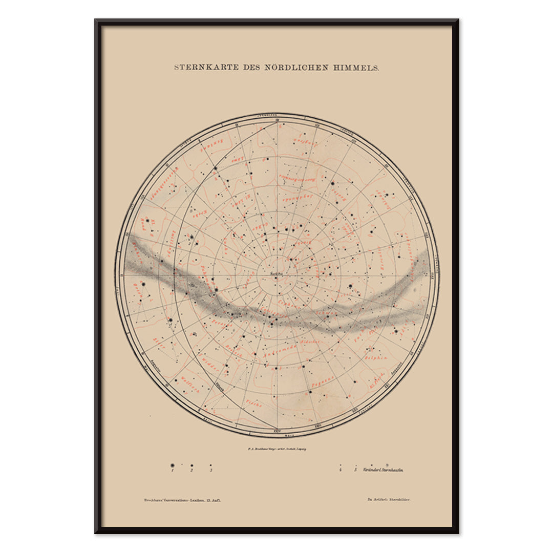 Vintage astronomy poster featuring a detailed map of northern sky stars titled Nothern Sky Star Poster by The Institute of Liepzig perfect for wall decor, with black aluminium frame on white background