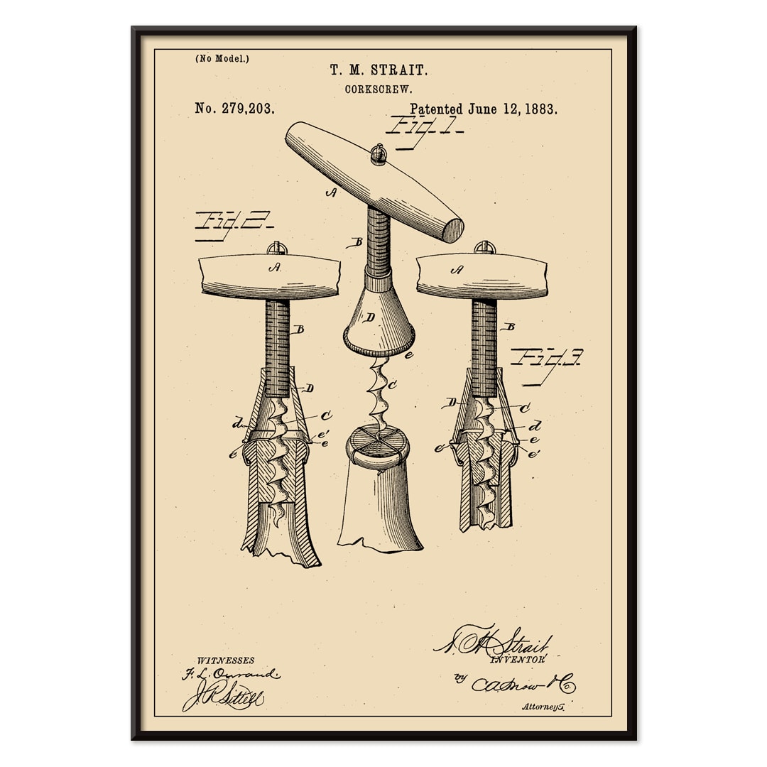 Corkscrew Patent by TM Strait technical drawing and signature poster featuring detailed diagrams and specifications of corkscrew invention, with black aluminium frame on white background