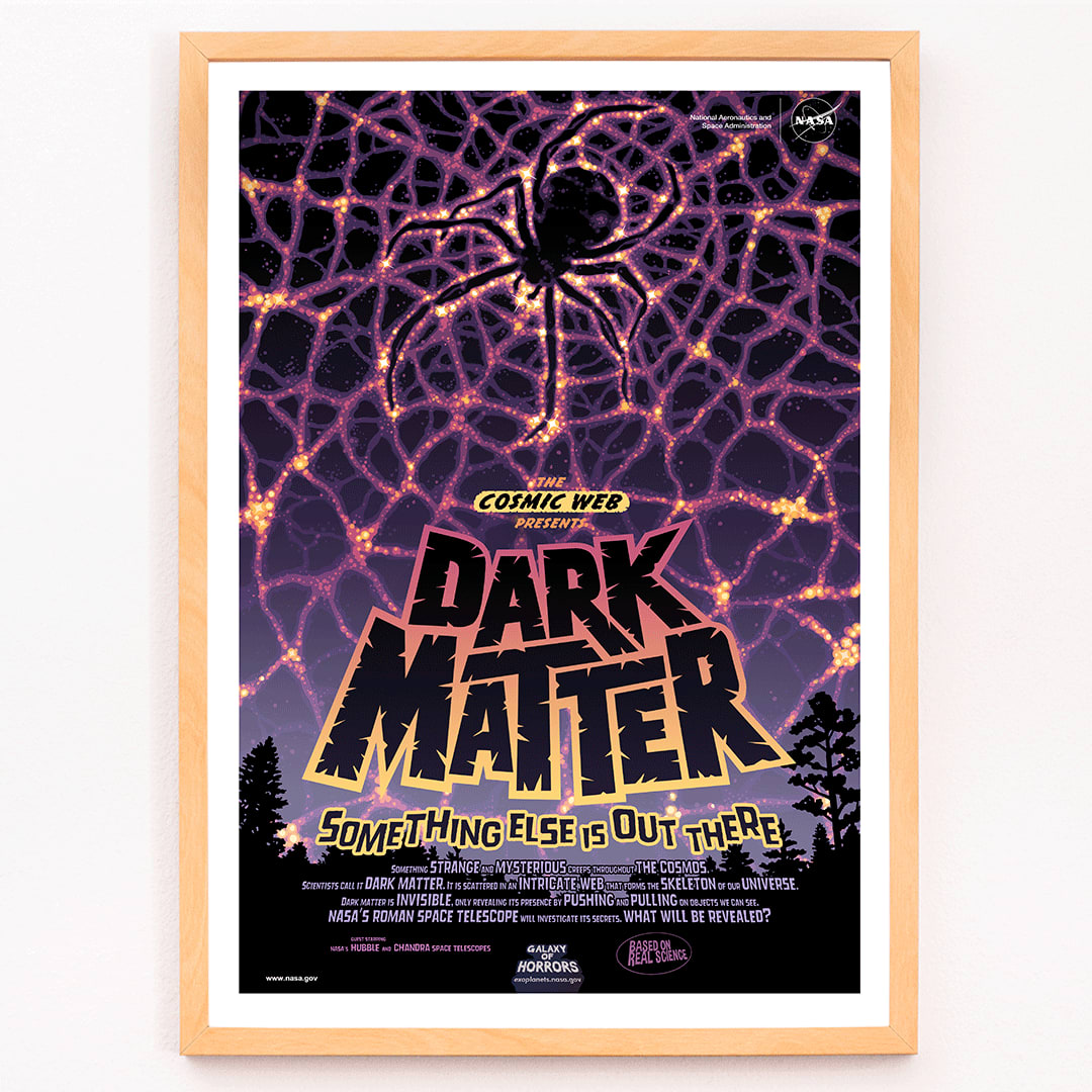 NASA Dark Matter poster featuring a cosmic web and spider silhouette with vibrant colors and text reading Dark Matter Something Else is Out There, framed and displayed in modern living room decor