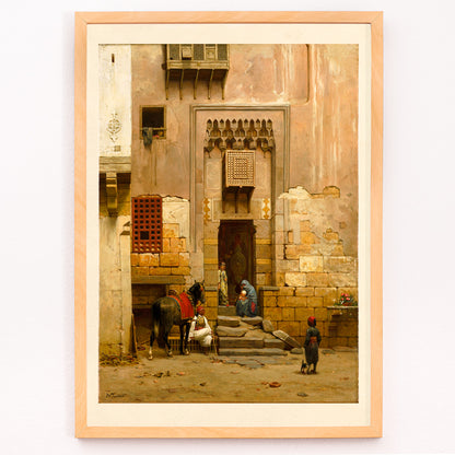 Closeup detail of People and a horse in a sunlit Middle Eastern courtyard from The Courtyard of a house in Cairo by Willem de Famars Testas poster with architectural details