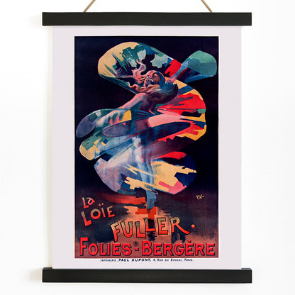 Colorful swirling dancer La Loie Fuller by Pal poster advertising Folies Bergere performance, with wooden magnetic frame on white background