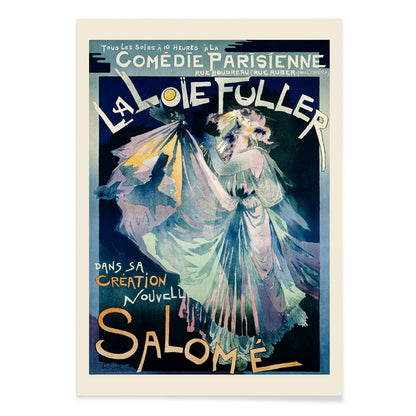 Poster of Comedie Parisienne featuring Loie Fuller by Georges de Feure colorful dancer in flowing dress artwork, with black aluminium frame on white background